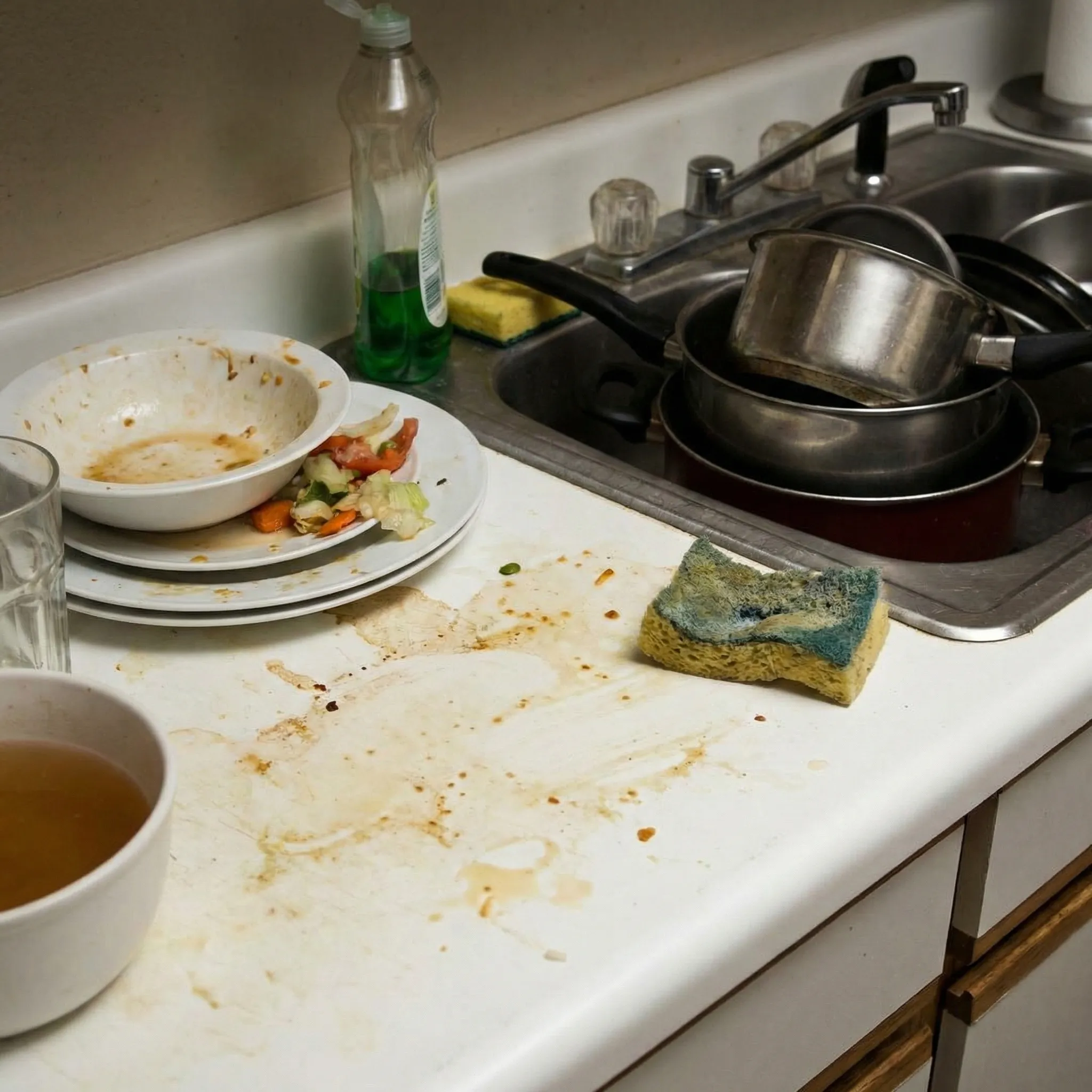 A cluttered kitchen worktop stacked with unwashed dishes before cleaning
