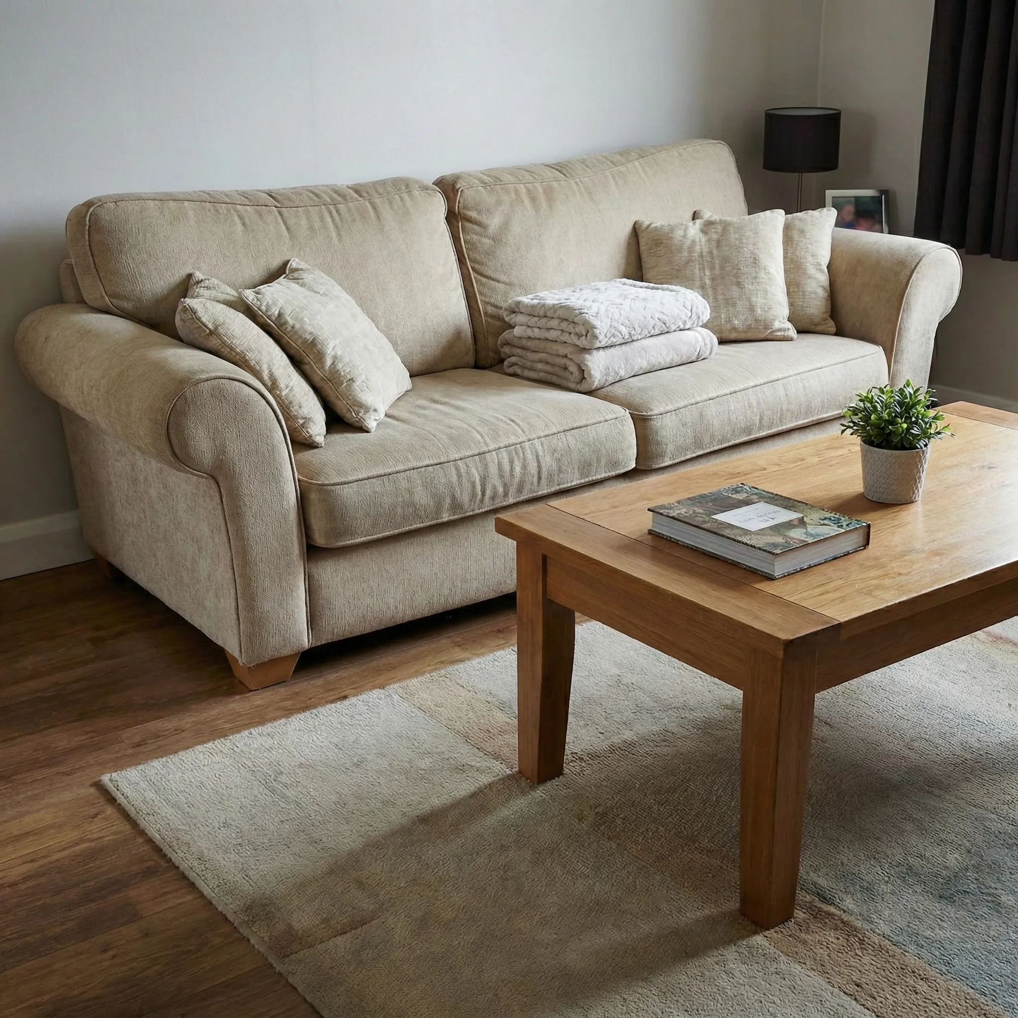 A pristine, freshly cleaned living room with plumped cushions and folded throws